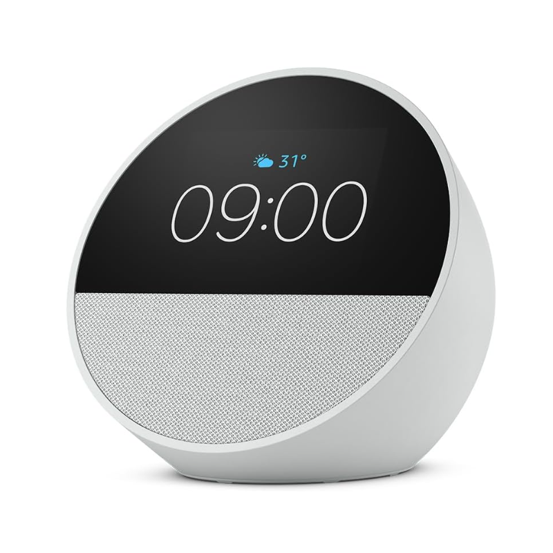 Echo Spot (2024 release), Smart alarm clock with vibrant sound + Alexa, Glacier White